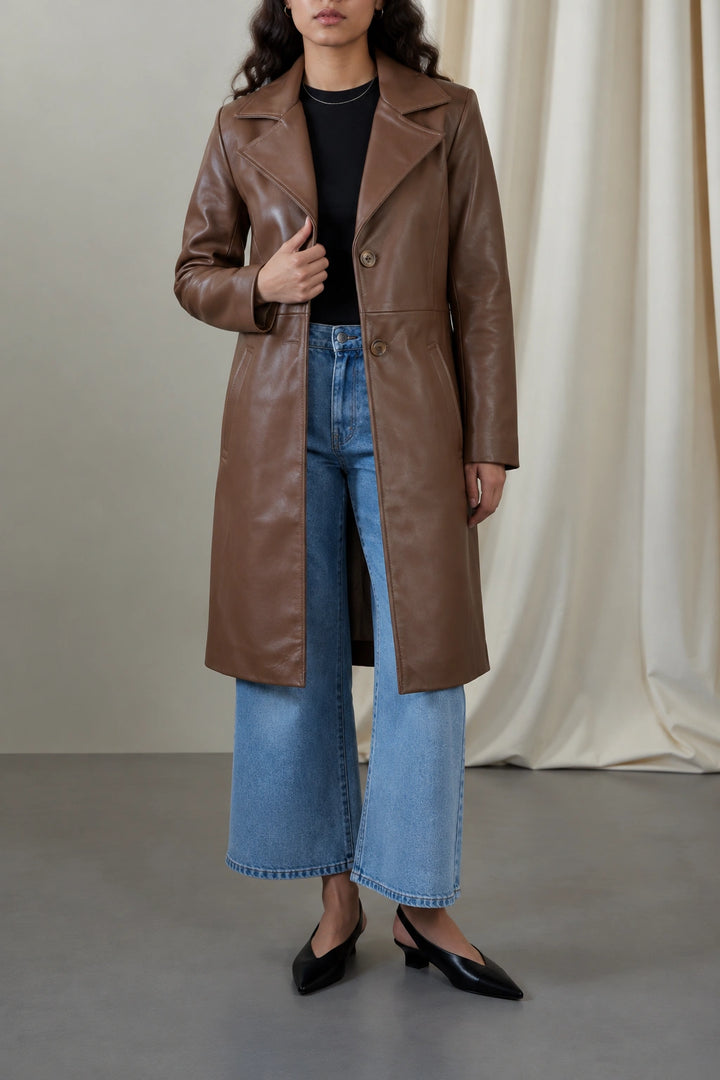 Brown Classic Leather Trench Jacket