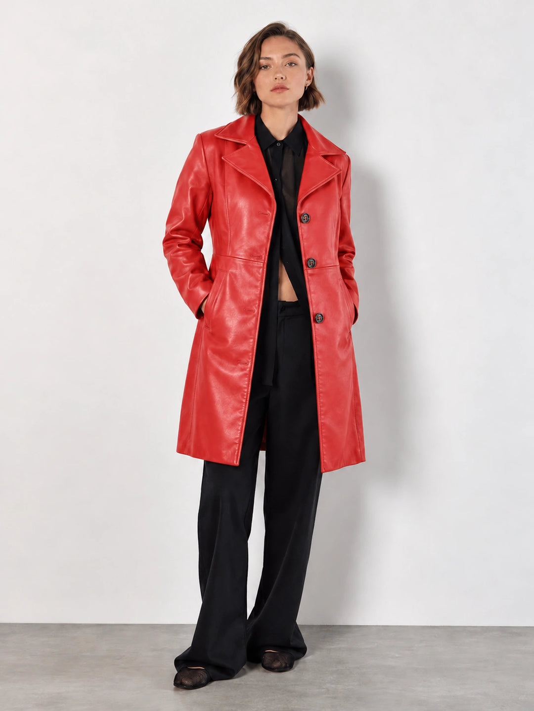 Red Signature Long Leather Coat