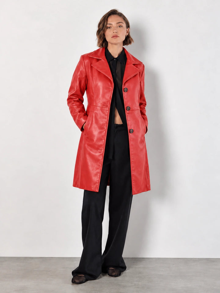 Red Signature Long Leather Coat