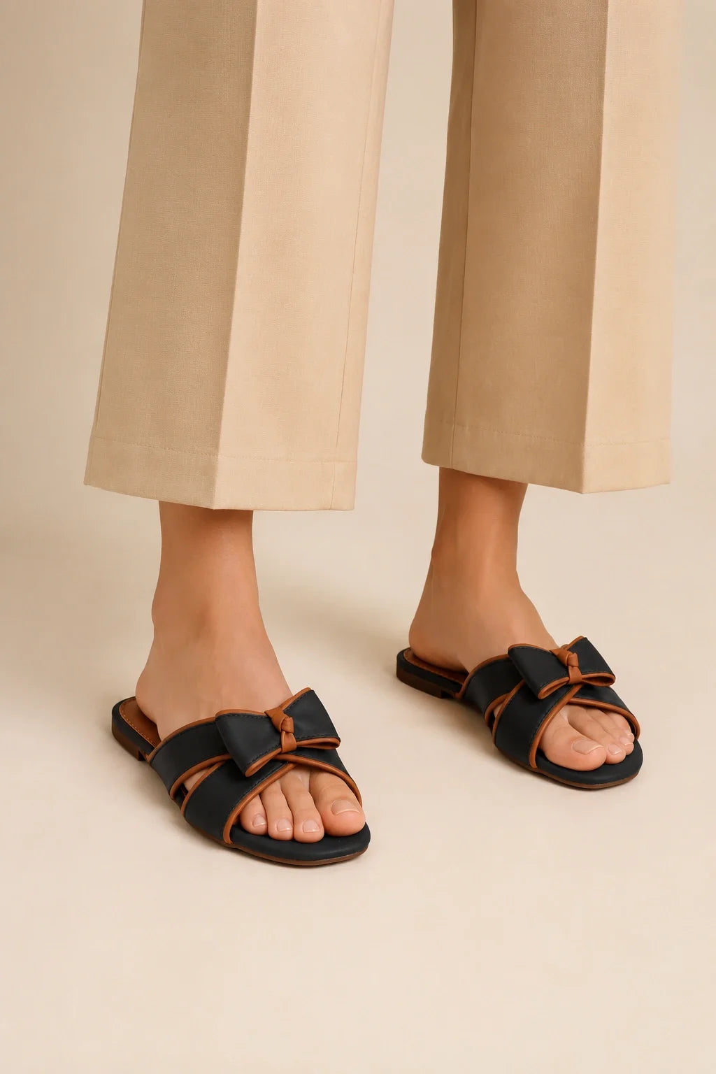 Women's Dark Blue Bow Strap Flat Slipper