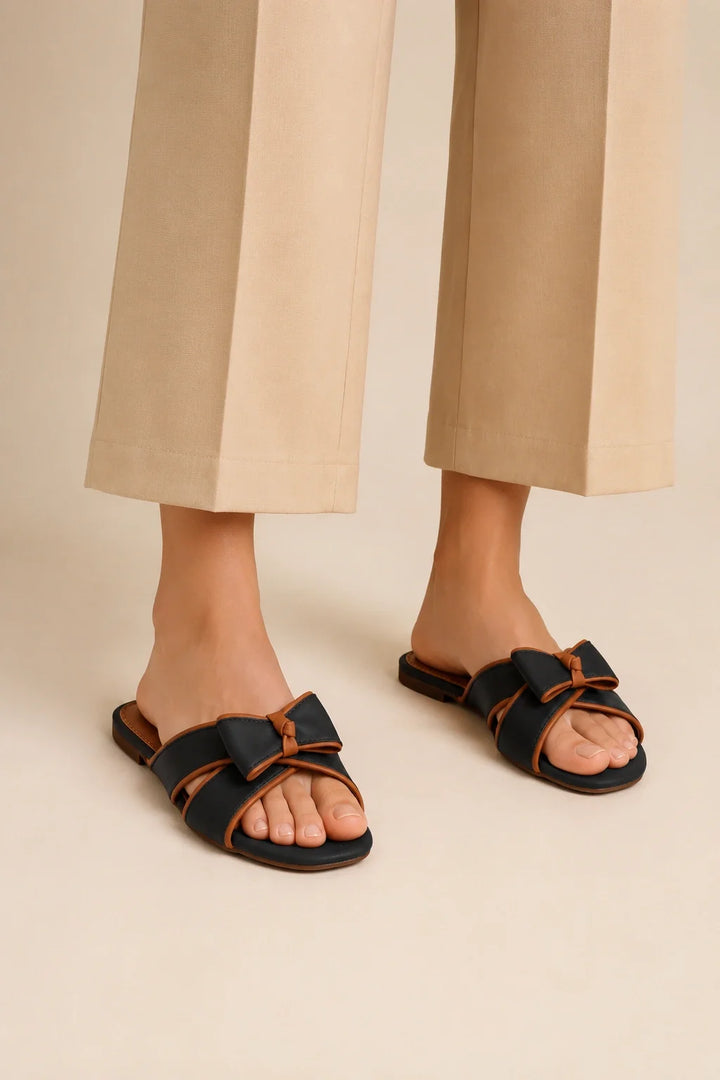Women's Dark Blue Bow Strap Flat Slipper