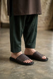 Dark Brown Weave Genuine Leather Men Slipper