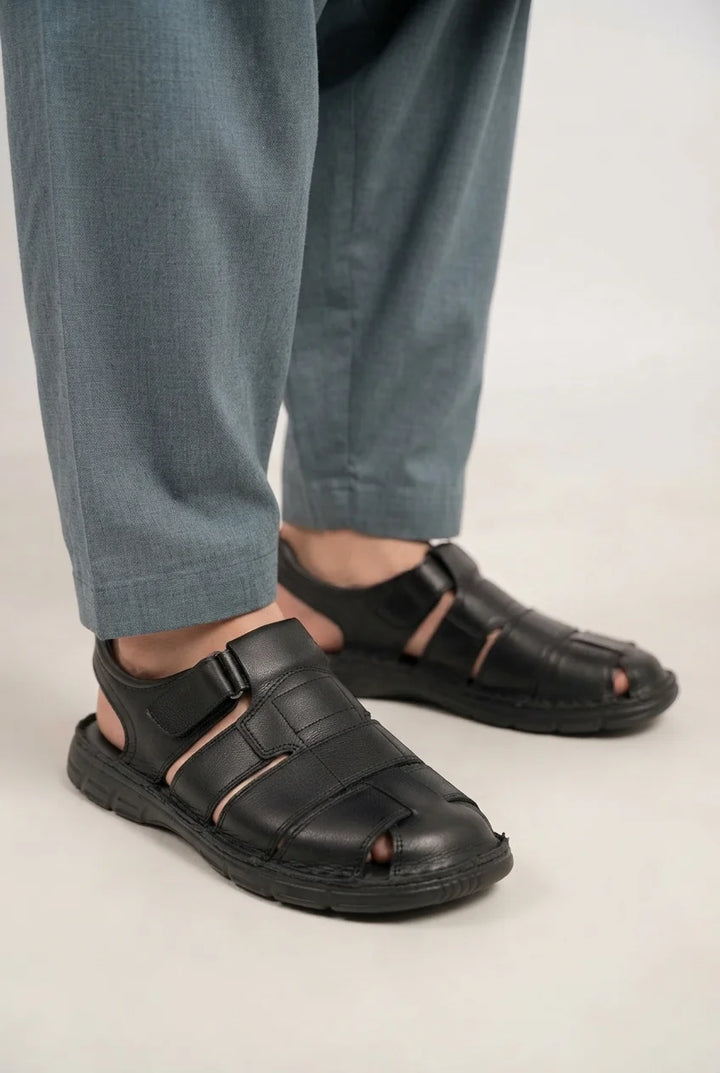 Elegant Black Comfort Leather Sandal