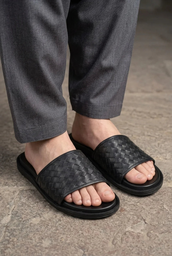Black Weave Genuine Leather Men Slipper