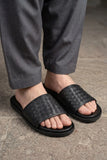 Black Weave Genuine Leather Men Slipper