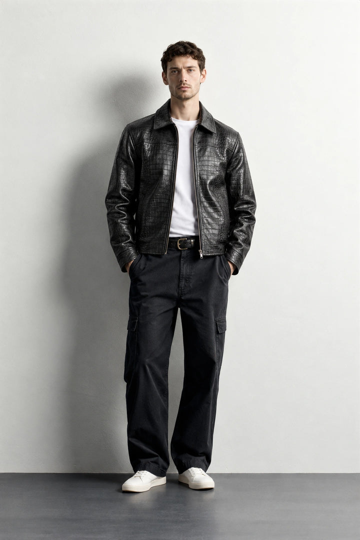 Men's Black Crocodile-Embossed Genuine Leather Jacket