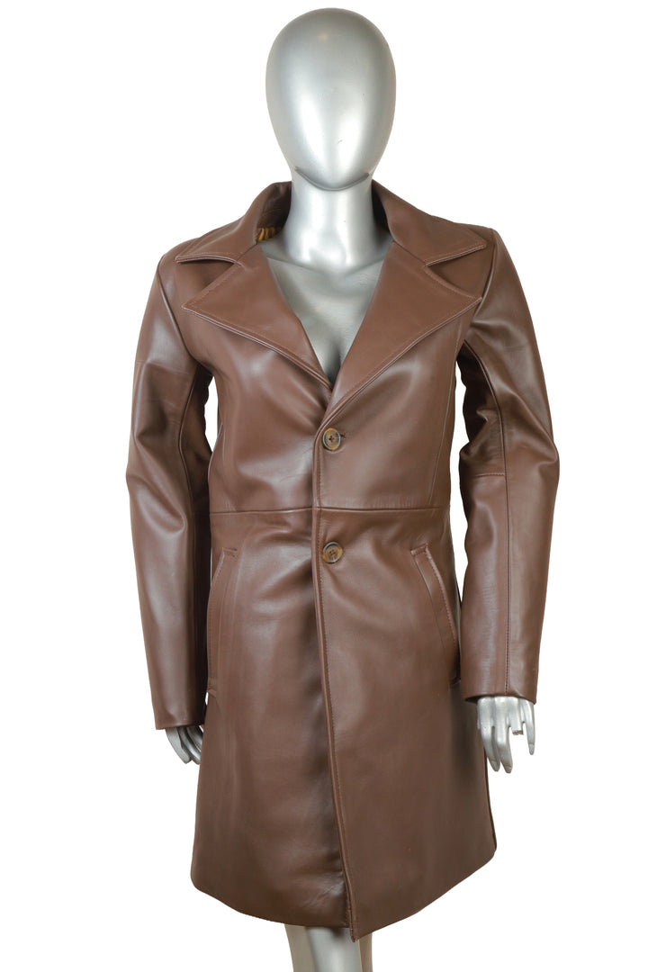 Brown Classic Leather Trench Jacket